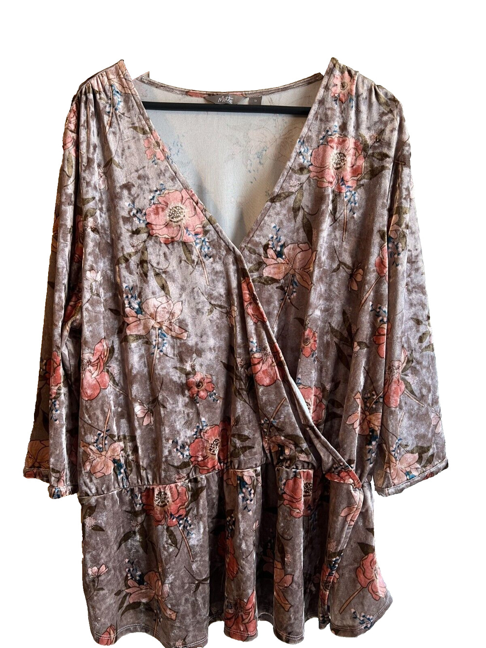 Velvet Printed Peplum Top Faux Wrap 3/4 Sleeve Blouse V Neck Womens Size 1X-2X